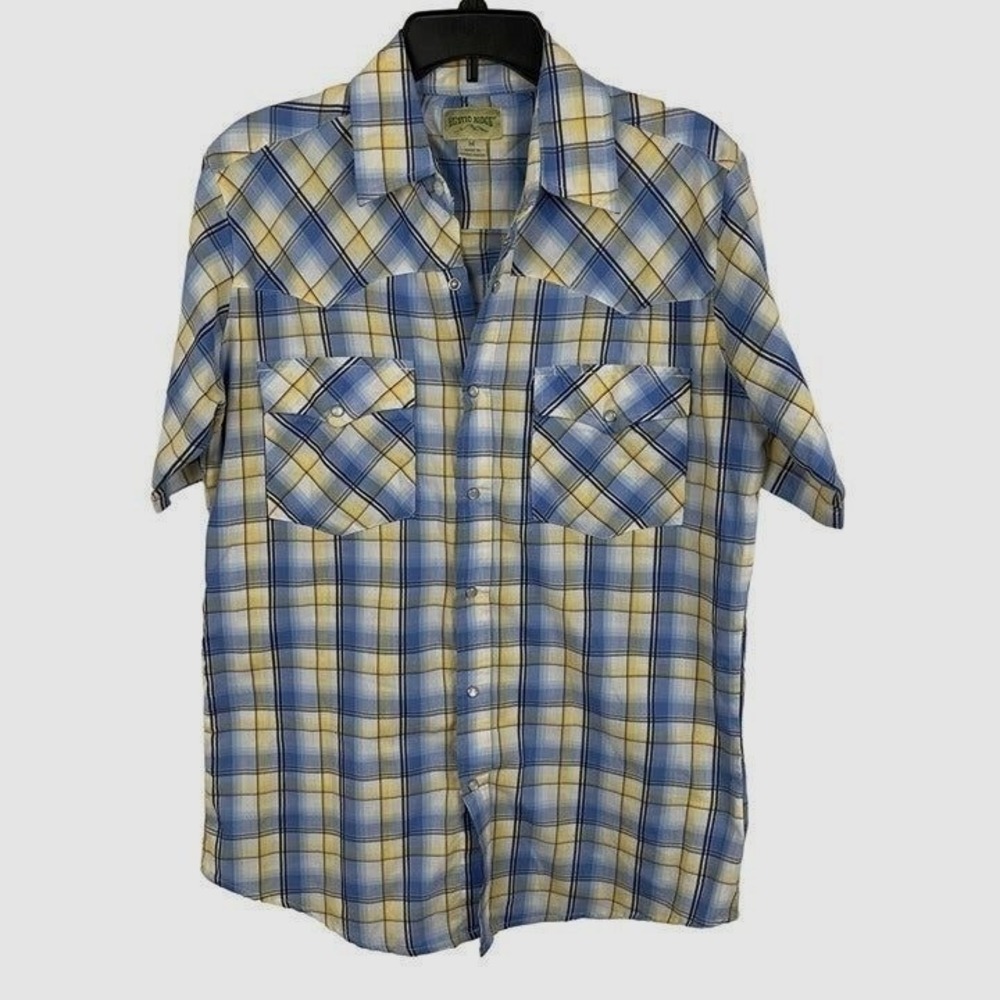 Rustic Ridge Plaid Shirt Pearl Snap Mens Medium Blue Yellow Short Sleeve